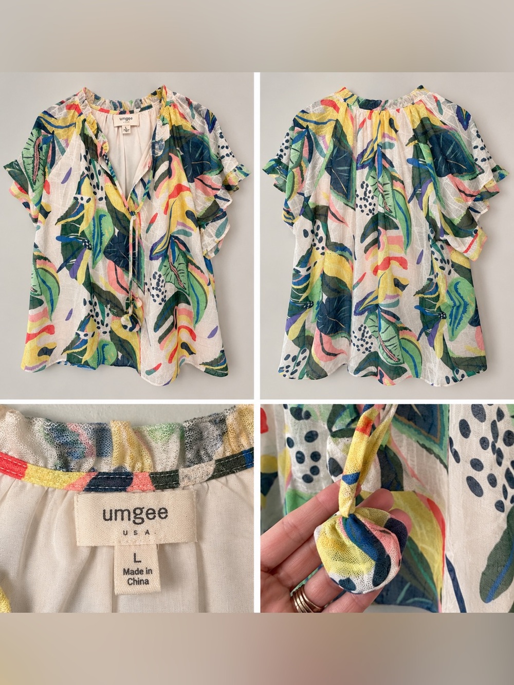 Umgee Multicolor Tropical Leaf Tie-Front Ruffle Sleeve Blouse